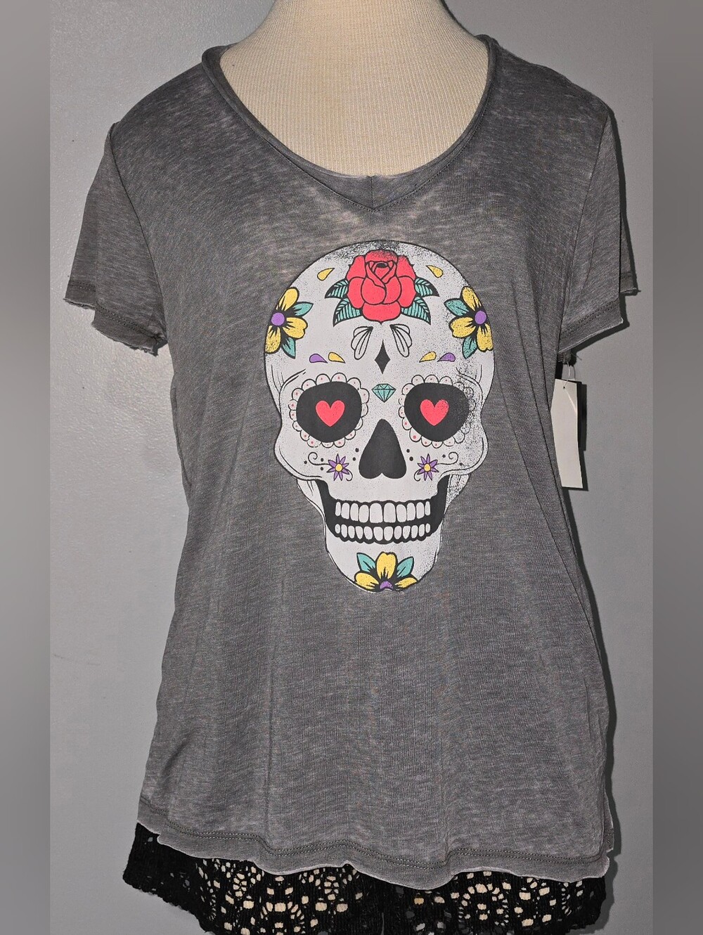 Grayson Threads Gray Colorful Sugar Skull Short Sleeve T--Shirt Large